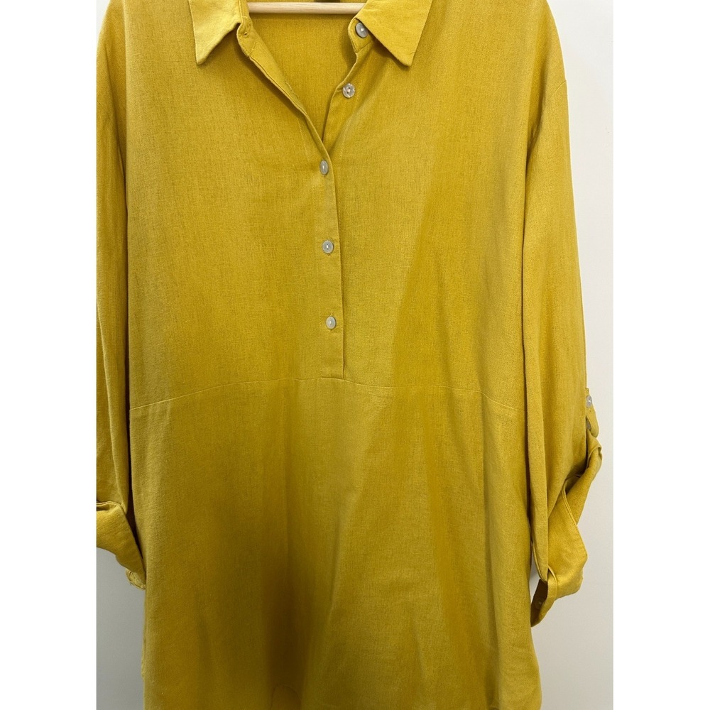 Tahari Mustard Yellow Linen Blend Roll Tab Sleeve Tunic Popover Blouse Womens XL - Picture 3 of 12